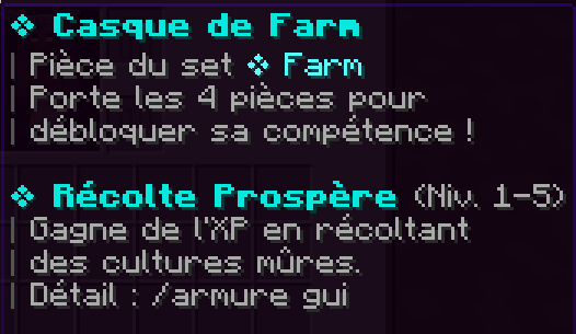 Infobulle d'une pièce de l'armure de farm : compétence Récolte Prospère